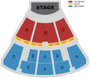 Seating Chart for Mandalay Bay Theater - Current Prices: Red & Blue Sections EFG (Close) - $110 -- Yellow (Box Seats) - $132 -- Blue - $82.50 - Last two Blue rows - $49.50
